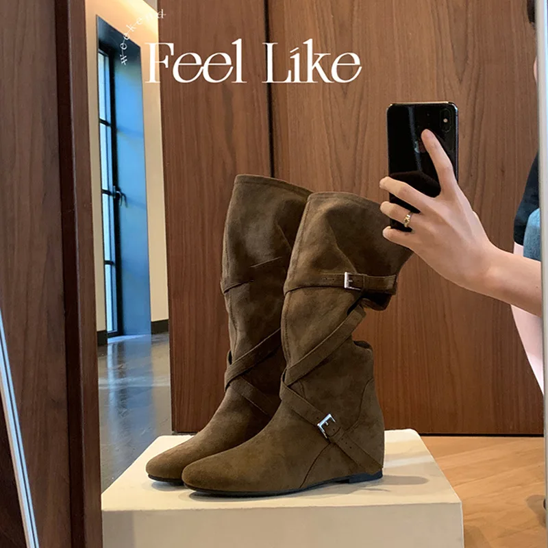

New Retro Women Shoes Exquisite Suede Mid Calf Boots for Woman Fashion Round Head Slouchy Boot Luxury Designer Shoes Botas Mujer