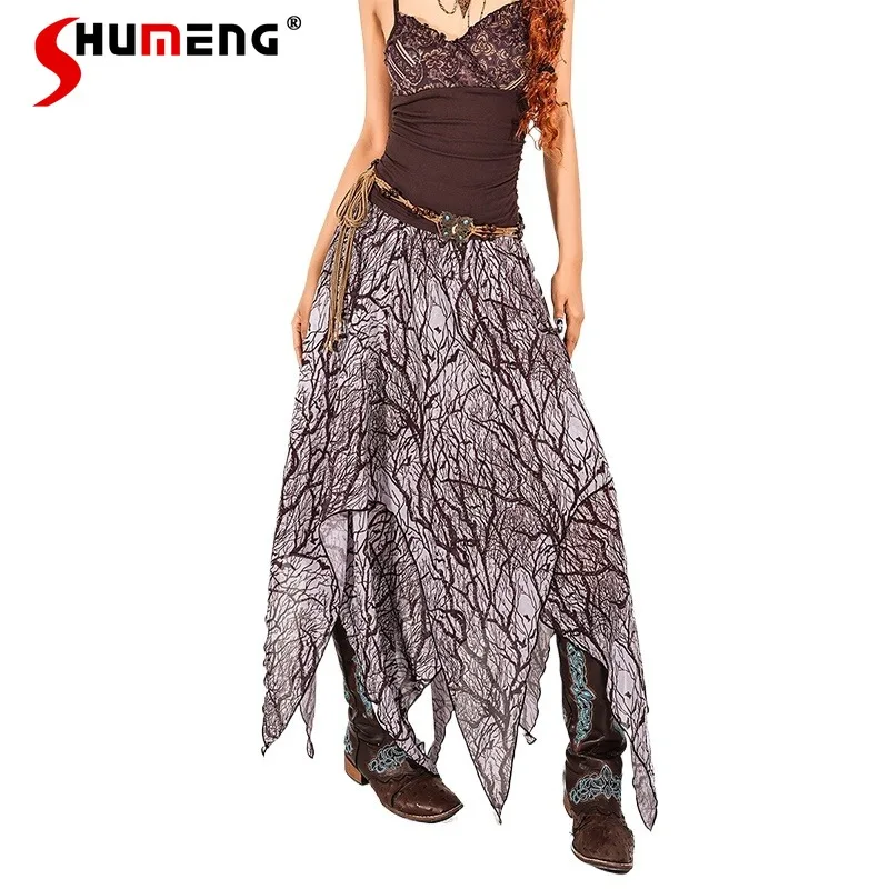 

2024 Summer New Retro Plant Printing Mesh Skirt Women's Vintage Irregular Hem Hot Girl A-line High Waisted Long Skirts Female