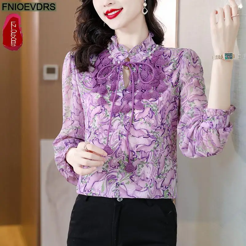 S-2XL 2023 Women Spring Summer Long Sleeve Elegant Office Lady Work Purple Embroidery Shirt Casual Bow Tie Tops And Blouses