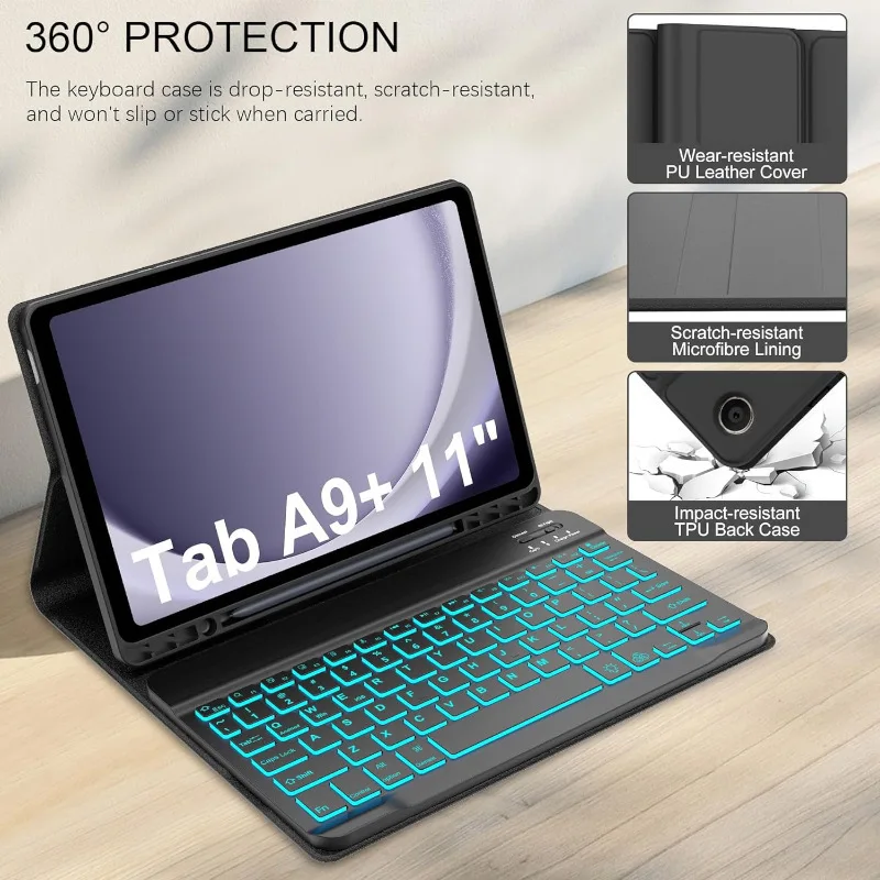 Keyboard Case for Samsung Galaxy Tab A11 Plus 2025 A9+ Detachable Backlit Keyboard With Leather Case Cover For Galaxy Tab A11+