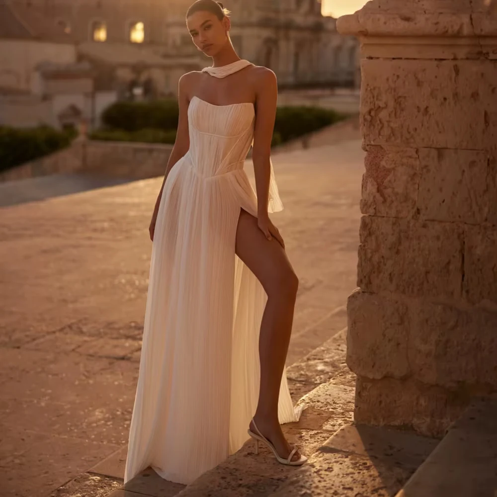 Customized Pleated Elegant Strapless Long Wedding Dress Sexy High Slit Backless Bridal Gown New Dreamy Bridal Gown