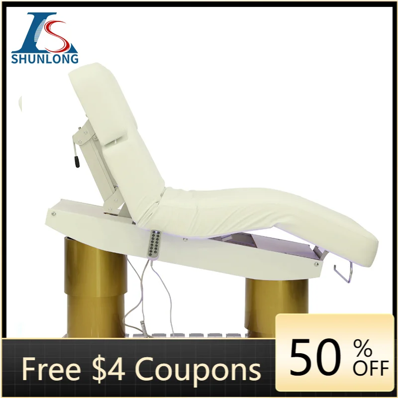 Electric Facial Bed Cream White PU With Face Hole Double Gold Cylinder Lift LED Ambient Light Remote & Foot Control Reclining Ma