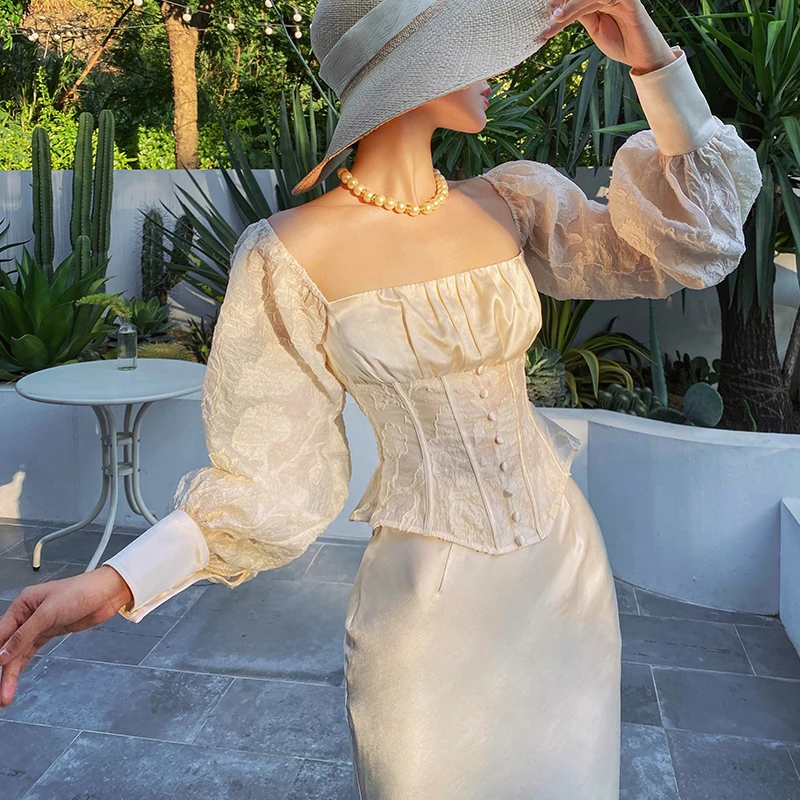 18081 # elegante abito da festa Eveing in pizzo con spalle scoperte Champagne 2 pezzi Top senza spalline con maniche a bolle separato dal vestito per le donne