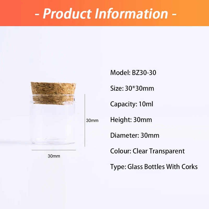 Straight Mouth Glass Bottle 30*30mm 10ml Cork Stopper Spice Container Jars Vials DIY Craft Kitchen Storage Bottles 12pcs/Lot