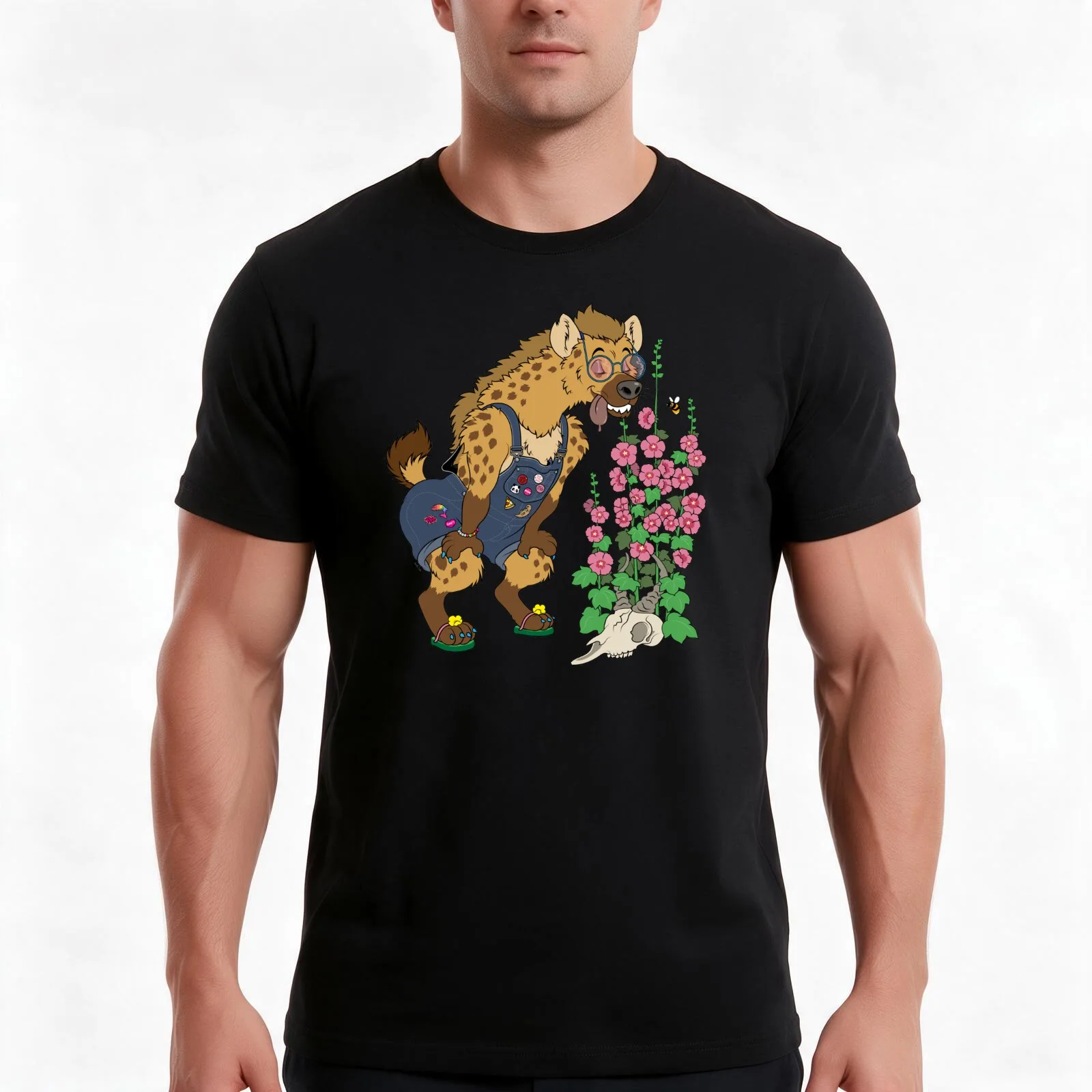 Hyena In The Garden T-Shirt, Summer Casual Cotton Tee, Oversized Streetwear Tops, Vintage Graphic Print, Loose Fit Short Sleeve