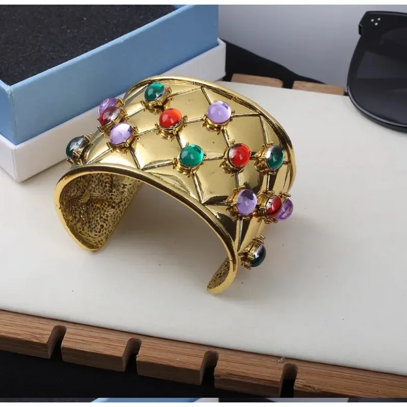 

Designer Light Luxury Vintage Colorful Gemstone Gold-plated Wide Open Bangles for Women Fashion Classic Palace Style Bangles