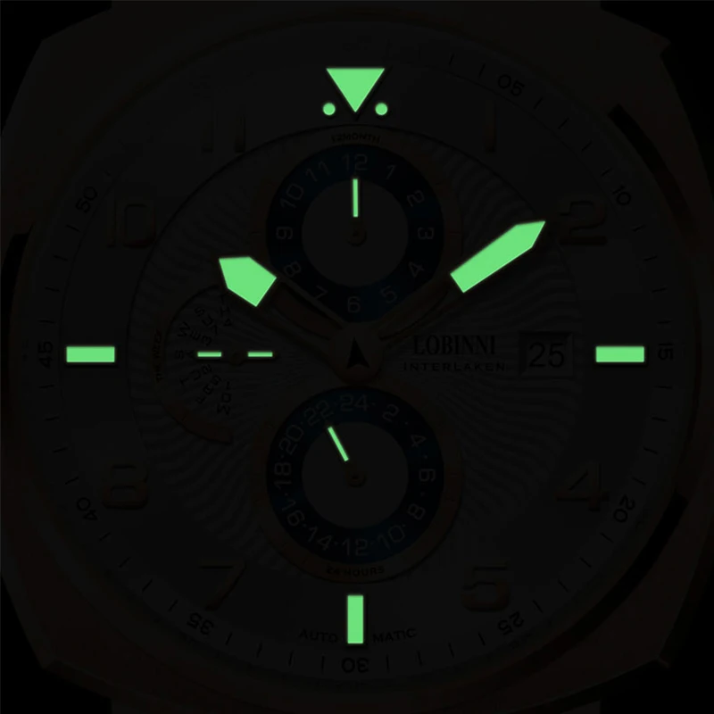 LOBINNI 16053 Men's Mechanical Watch JHB10 Automatic Movement with Date Day Month 24H Display Luminescent Waterproof Wristwatch