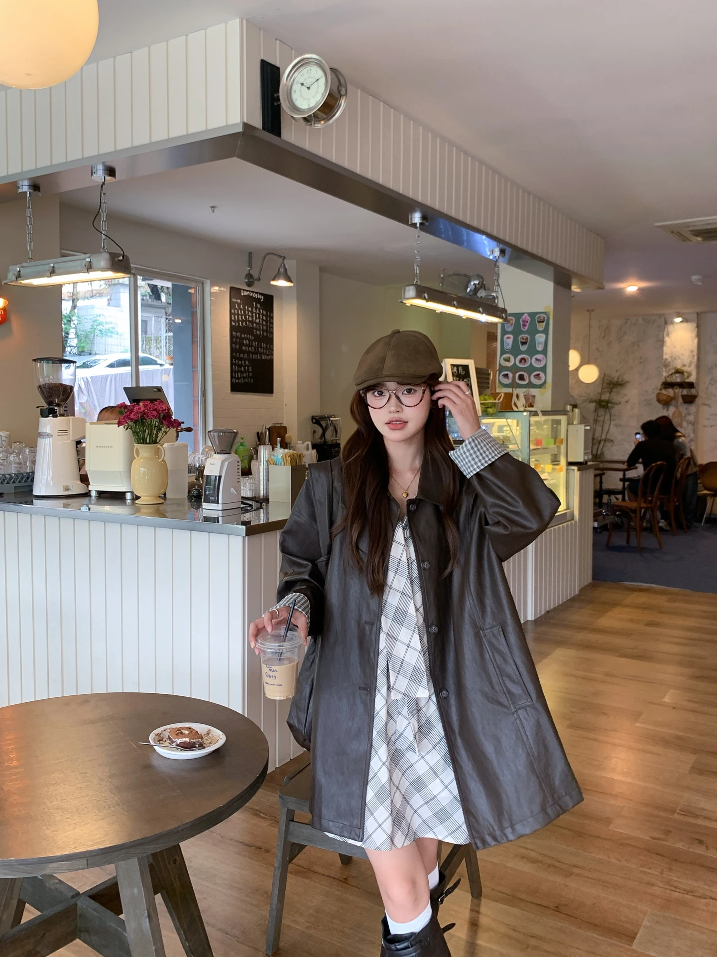 Ele Long Leather Jaet Women's Loose Sle Korean Faion Autumn New Arrival PU Material Commute Sle Zipper Closure