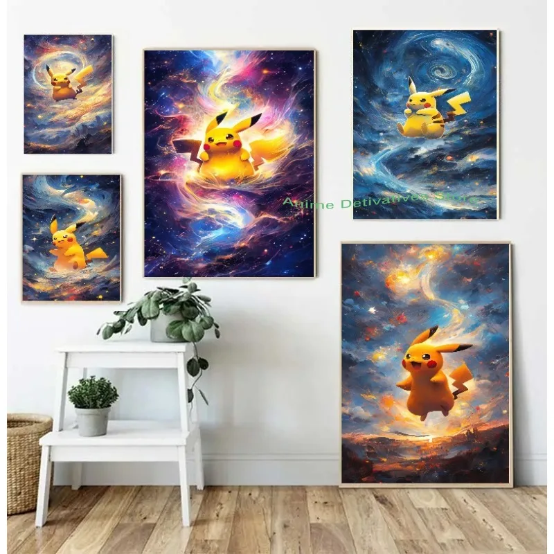 Van Gogh Starry Sky Pokemon Anime Figure Pikachu Watercolor Painting Canvas Poster and Prints Wall Art Picture of Living Room