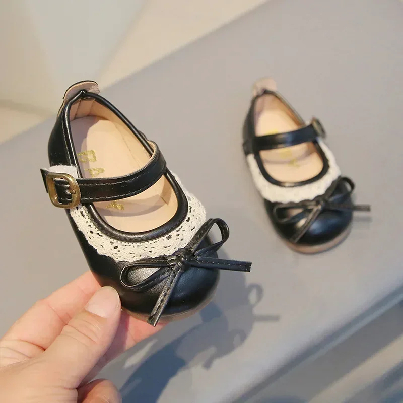 

Girls Walking Shoes Sweet Lace Simple Bows 2025 New Baby Princess Shoes Round Toes Kids Leather Shoes Non-slip Soft Sole Flats