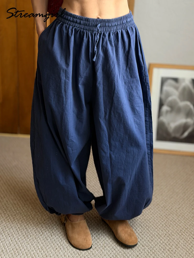 Pantalones de verano de algodón oversize para mujer, pantalones holgados azules estilo Aladdin, pantalones elásticos tipo bloomers, pantalones harem cortos azul marino para mujer, pantalones verano mujer