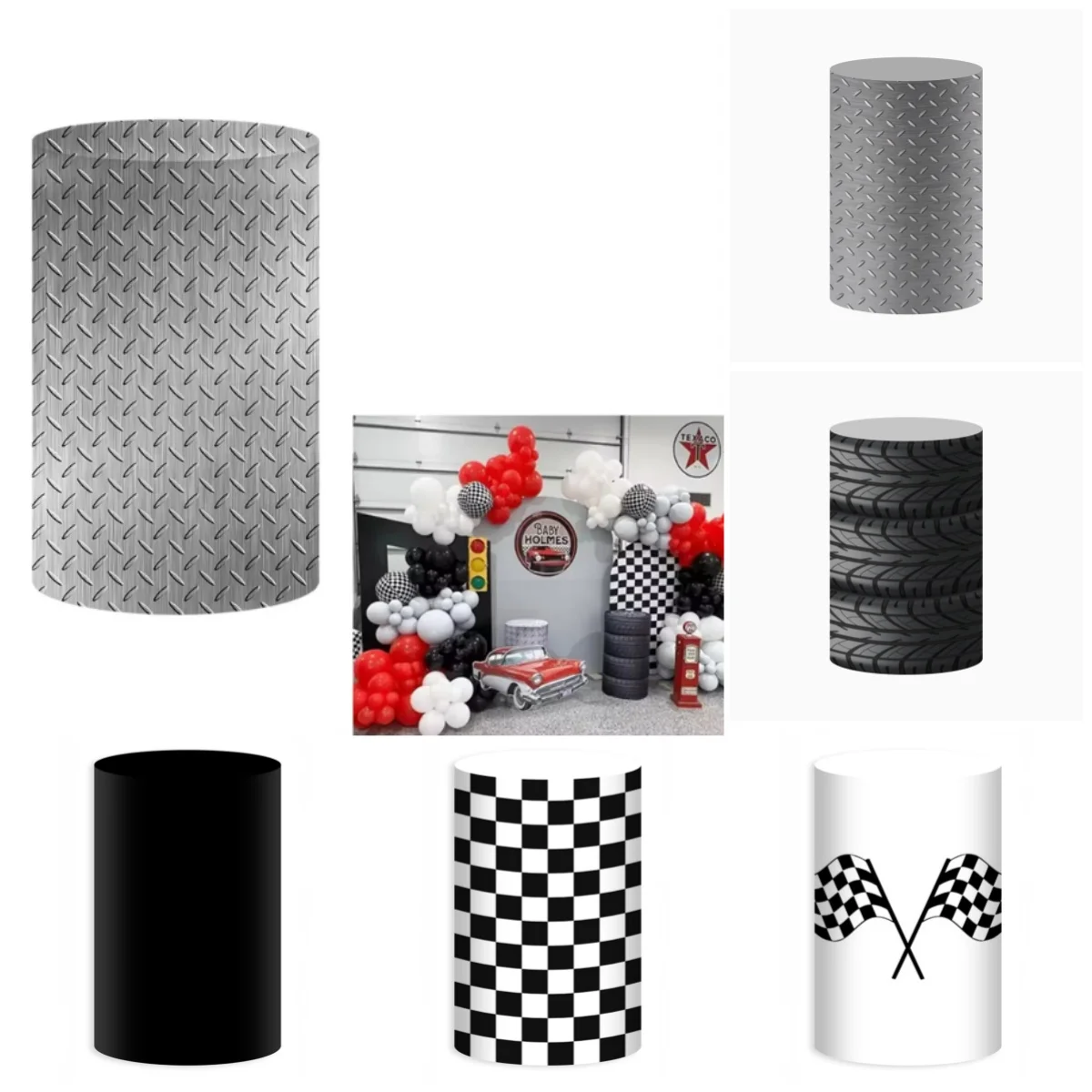 Yeele Custom Cylinder Cover Backdrop Racing Car Wheels Kids Birthday Party Plinths Backdrop Pedestal Background Decor Elastic