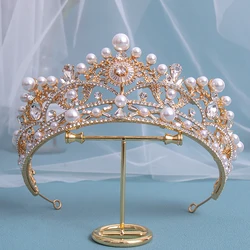 Baroque Luxury Gold Crystal Pearls Bridal Tiaras Crown Rhinestone Pageant Diadem Headbands Wedding Hair Accessories Jewelry