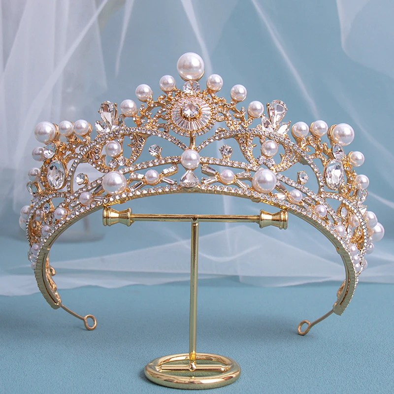 Baroque Luxury Gold Crystal Pearls Bridal Tiaras Crown Rhinestone Pageant Diadem Headbands Wedding Hair Accessories Jewelry