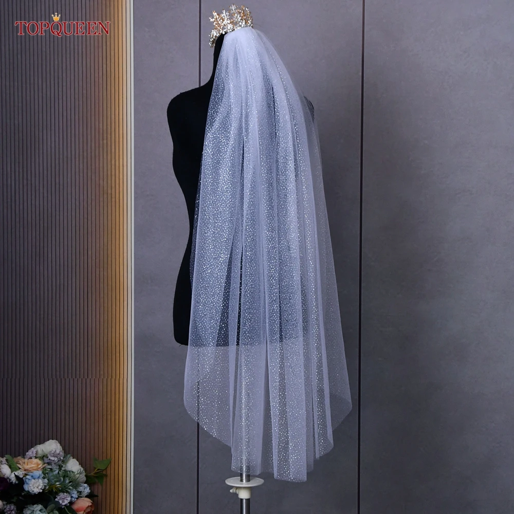 TOPQUEEN V101 Champagner-Glitzer-Hochzeitsschleier, goldener, funkelnder Brautschleier, 1-stufiger Kathedralenlanger Schleier, glitzerndes Braut-Accessoire – Detail 13