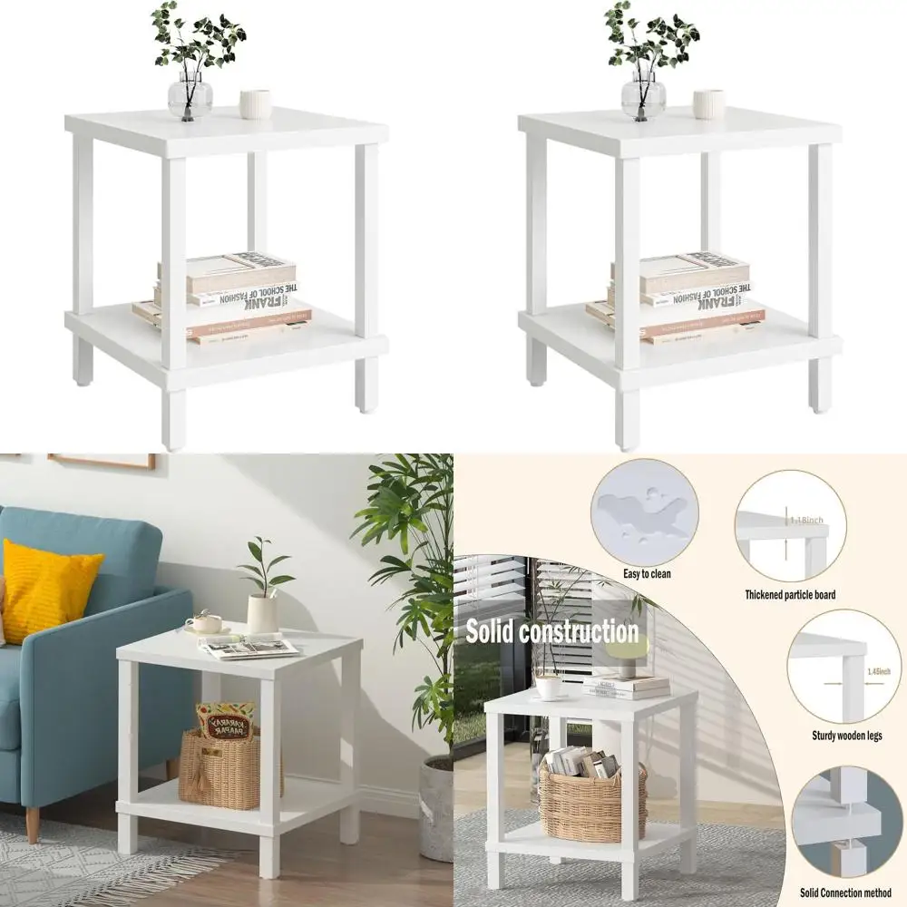 

20-дюймовый современный промышленный квадратный приставной столик с 2-уровневой полкой для хранения для гостиной и спальни, белый