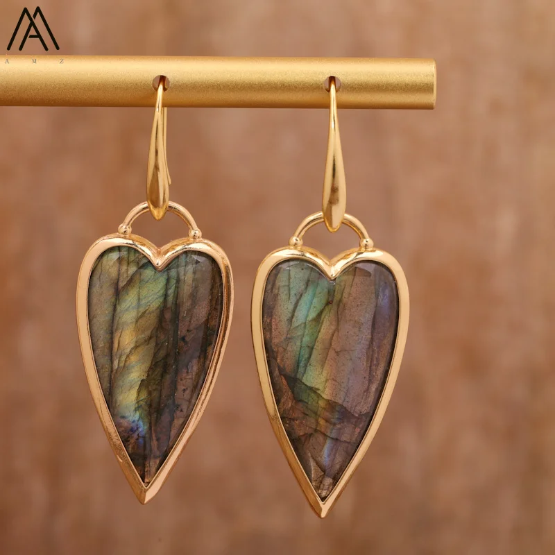 Classic Women Heart Stone Hook Earrings Elegant Exquisite Natural Roses Crystals Labradorite Dangle Earring Boho Jewelery Bijoux