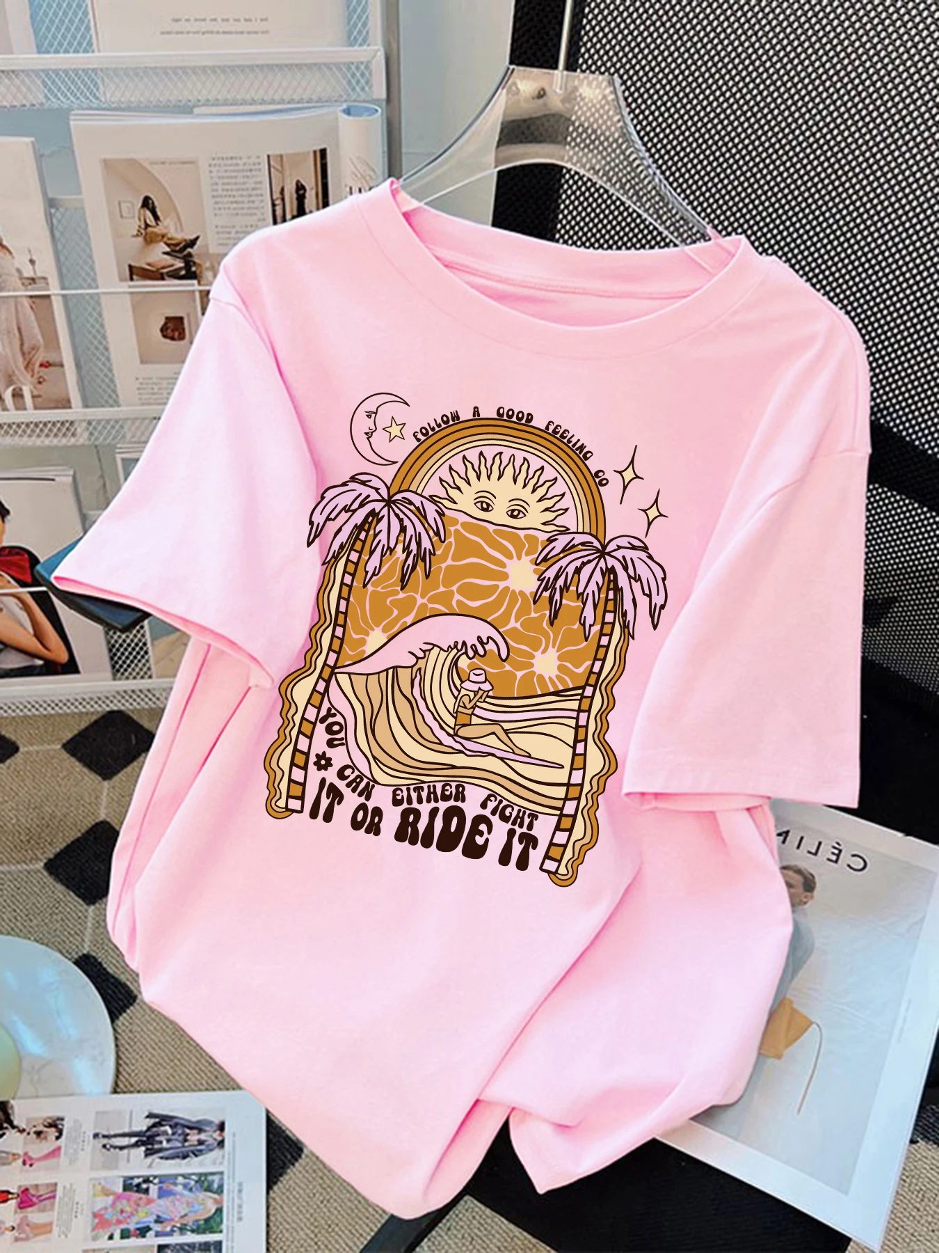 

You Can Either Fight It Or Ride It Pattern T-Shirt Womens Casual T Shirt Unisex Trendy Short Sleeve Loose Cotton Woman Top