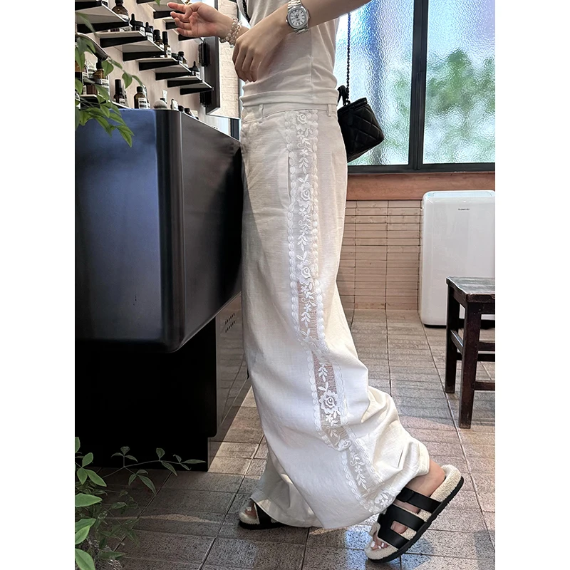 

PBAP летние женские кружевные хлопковые прямые брюки с карманами в стиле ретро, белые полые свободные широкие брюки с высокой талией, повседневная одежда