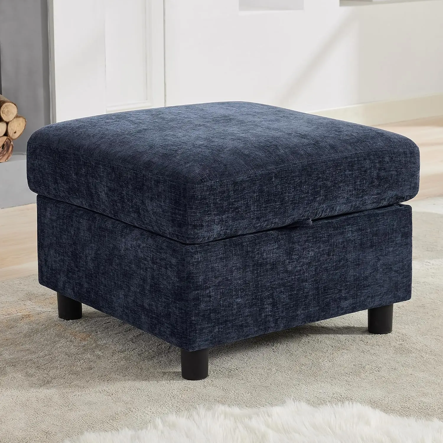25'' Square Storage Ottoman for Modular Sectional Sofa, Chenille Navy, Living Room Coffee Table Footrest, Customized