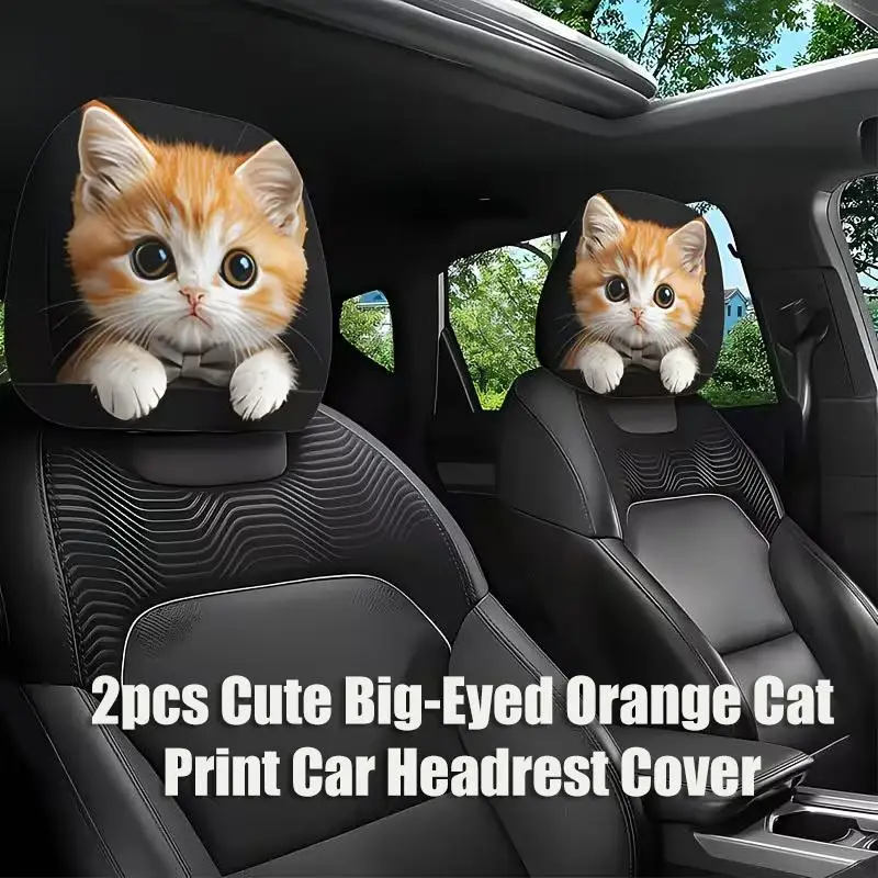 2PC Cute Orange Cat Print Car Headrest Covers, Car Interior Accessories, Soft And Comfortable, Easy To Install And Remove