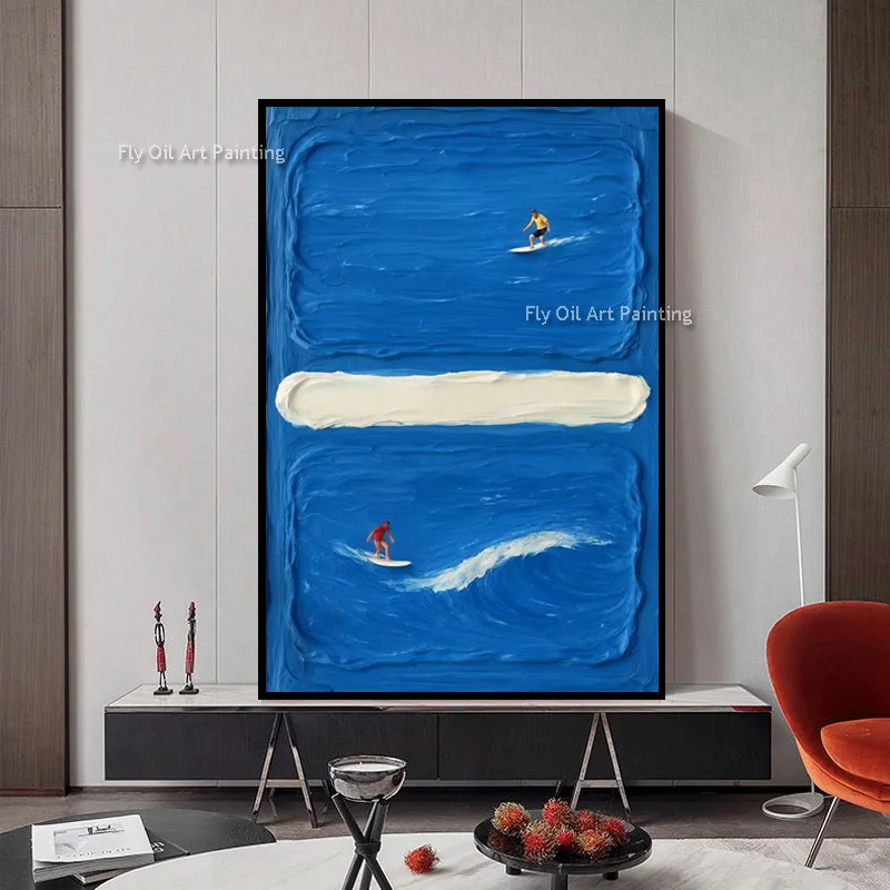 Hand Made Navy Blue White People Surfing On The Sea Oil Painting Large New Blue Ocean View Knife Thick Canvas Wall Art Decor