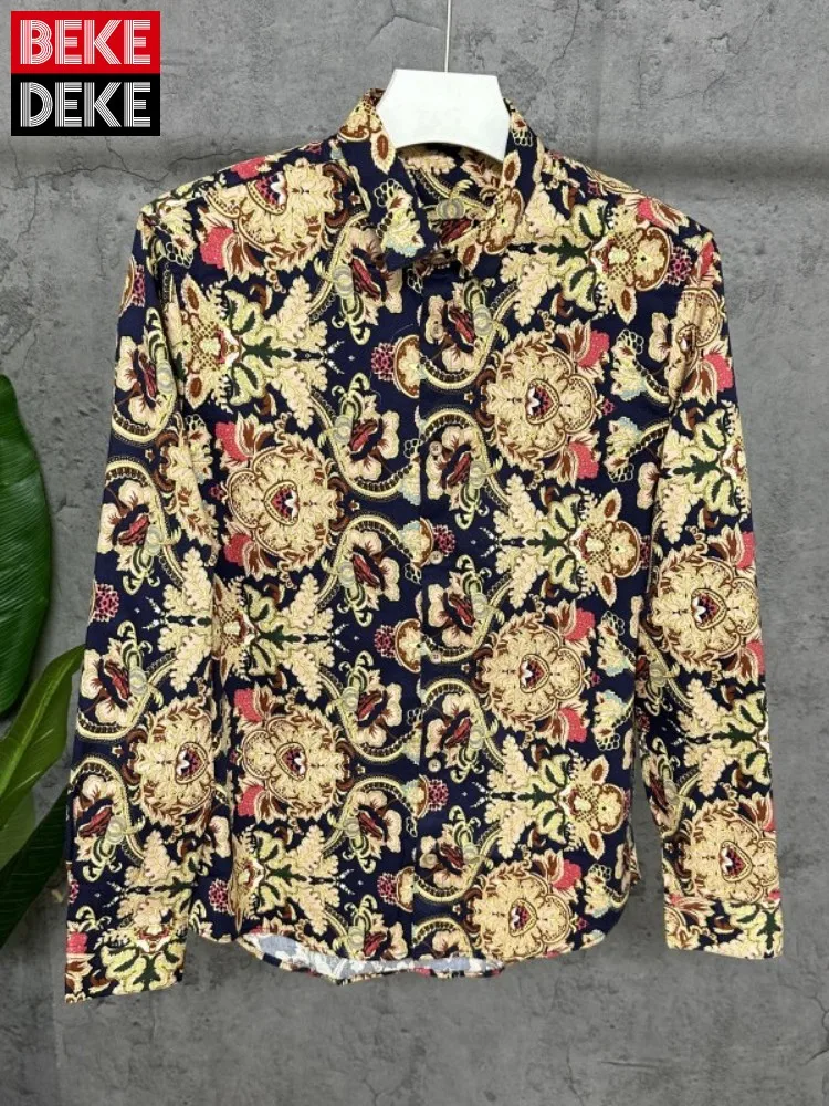 

Mens Spring Autumn Long Sleeve Shirt Designer Turndown Collar Vintage Printed Single Breasted Casual Top Larger Size Mens Shirts