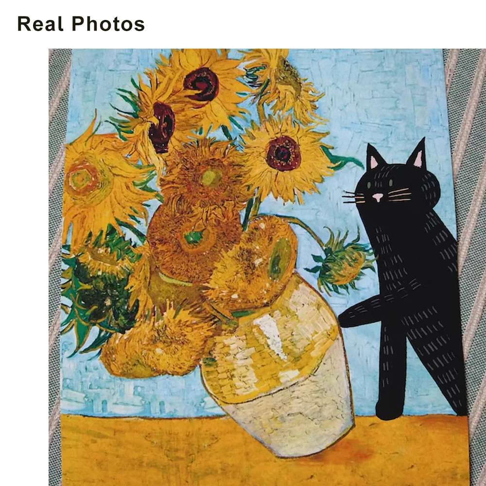 Póster Artístico de gato negro divertido, estampado de girasoles de Van Gogh, pintura al óleo moderna, decoración para sala de estar y dormitorio