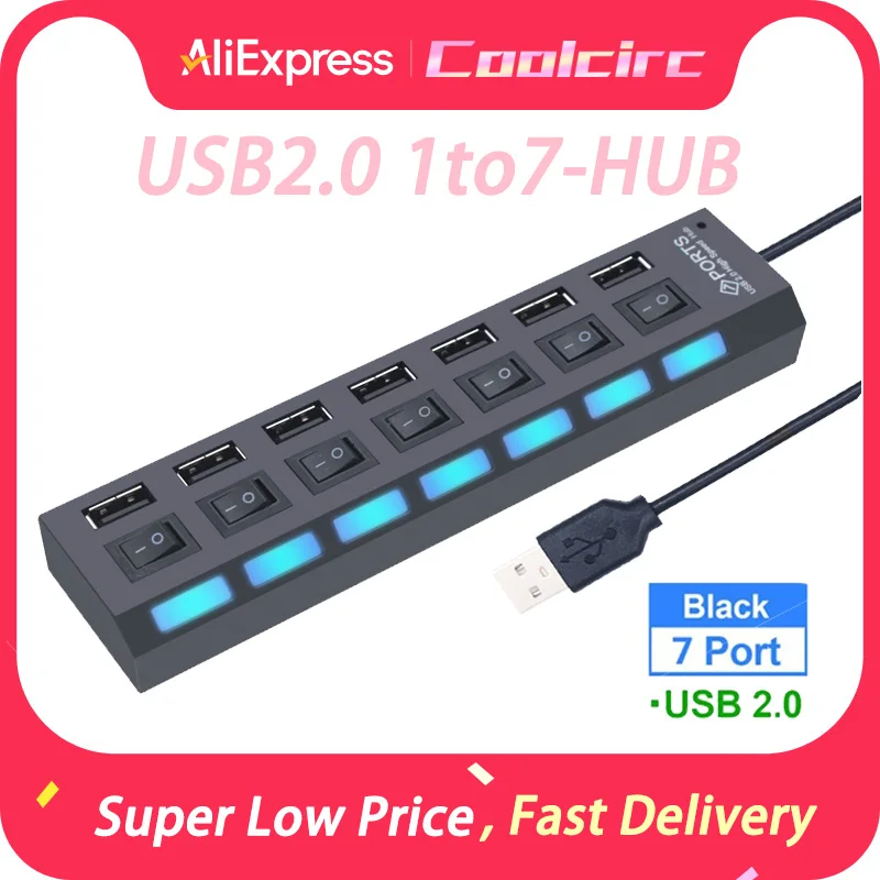 High Speed 7 Ports USB HUB 2.0 Adapter Expander Multi USB Splitter Multiple Extender with LED Lamp Switch for PC Laptop