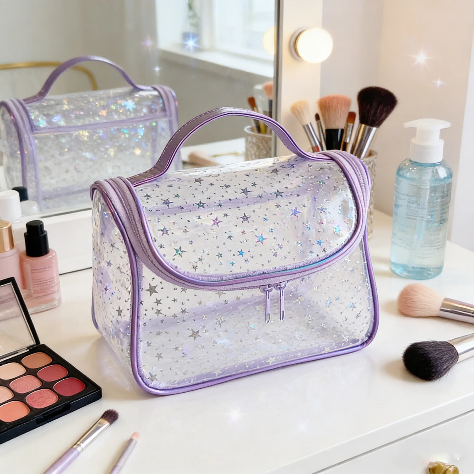 Transparent Star Cosmetic Bag PVC Waterproof Travel Cosmetic Bag Reinforced Handle Large Capacity PVC Toiletry Bag For Travel
