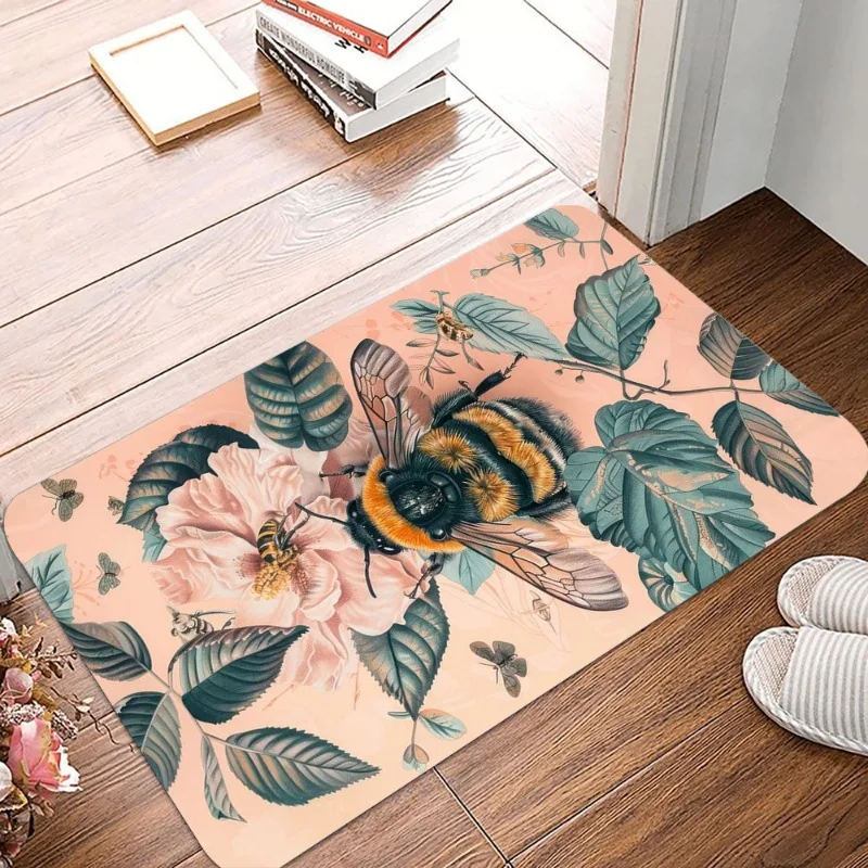Bees and Flowers Printing Non-Slip Small Rug Waterproof Easy Clean Floor Mat for Indoor Outdoor Use Durable Home Decor Fashion