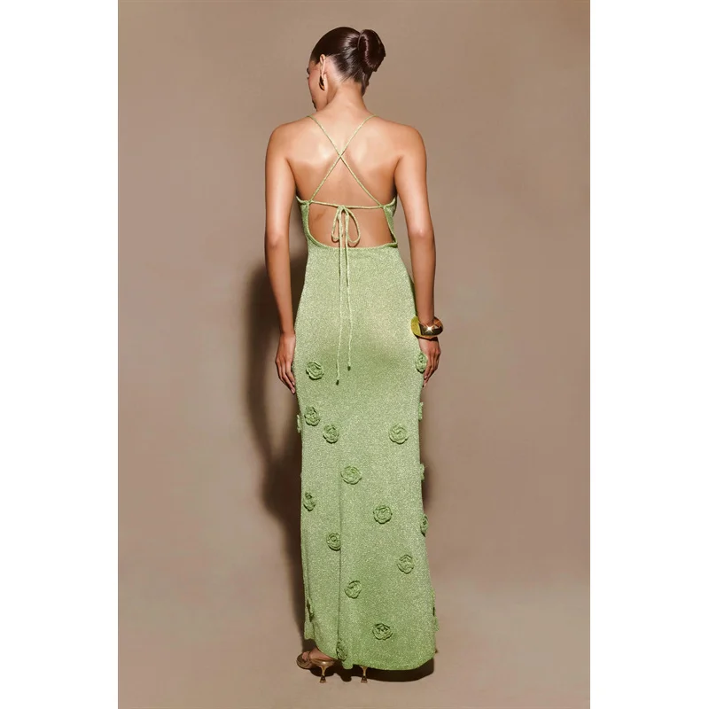 JHJN Blote rugband Bretels Strand Kust Gebreide bandjurk Gehaakte Flash Wire Elegante lange jurk Driedimensionale bloemen