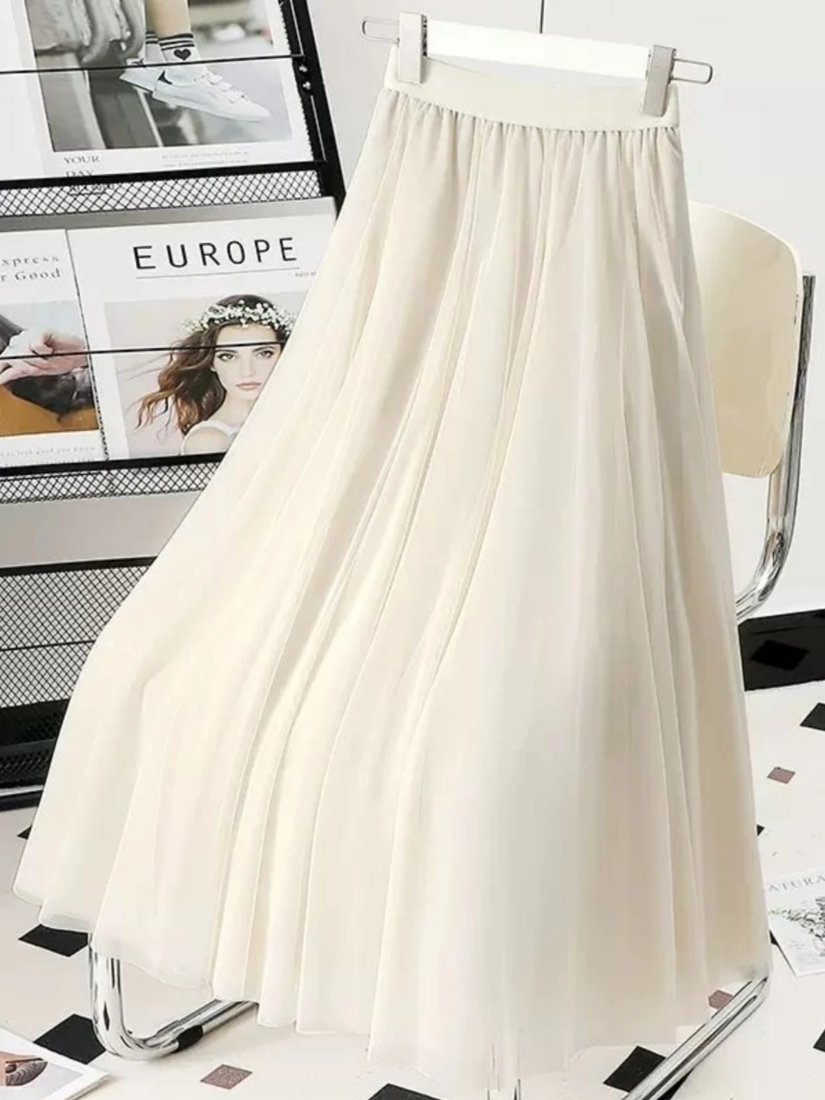 

Women’s Spring Mesh Solid High Waist Skrit Slim Fit Pleated Mid-length Skirt Fashion Female Elegant Keep Slim Holiday A665
