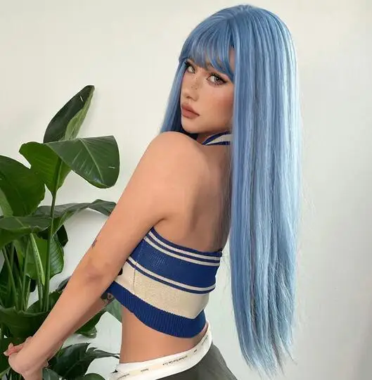 Peruca cosplay sintética azul reta longa com franja para mulheres, destaque de cinzas, cabelo natural, fibra resistente ao calor, diária