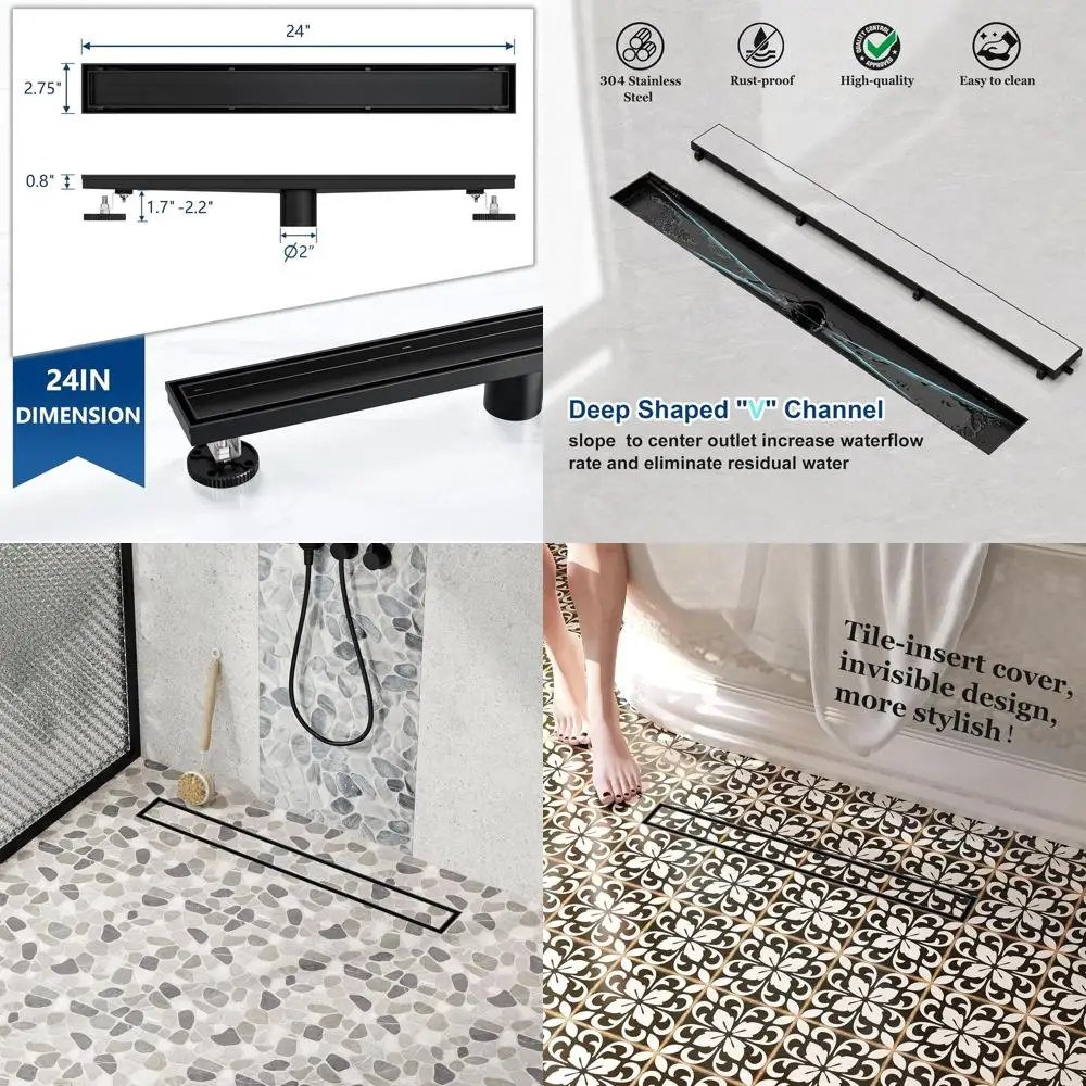 

24 Matte Black Linear Shower Drain, 304 Stainless Steel Tile Insert, with Hair Strainer and Leveling Feet