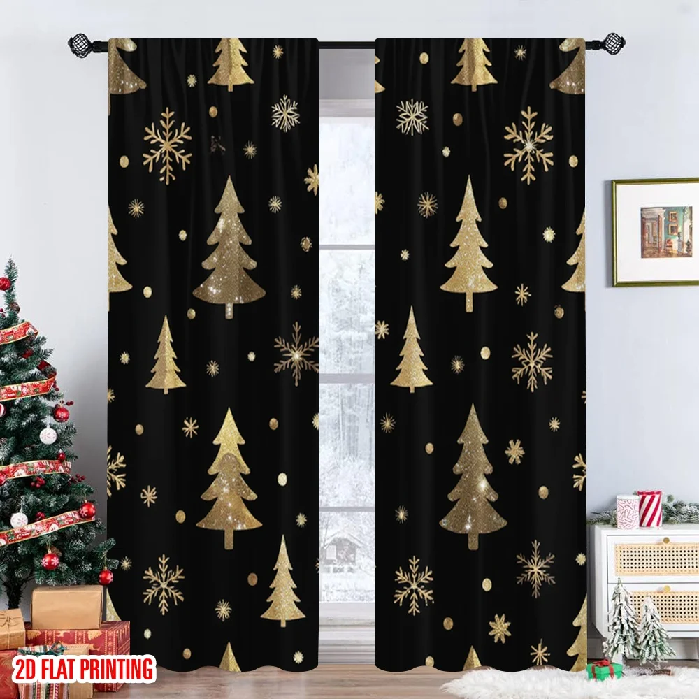 2 قطعة 2D الطباعة المسطحة ستائر الحفلات الذهب أشجار عيد الميلاد الثلج الرقمية المطبوعة البوليستر الستائر الأسرة الطرف استخدام ل #6