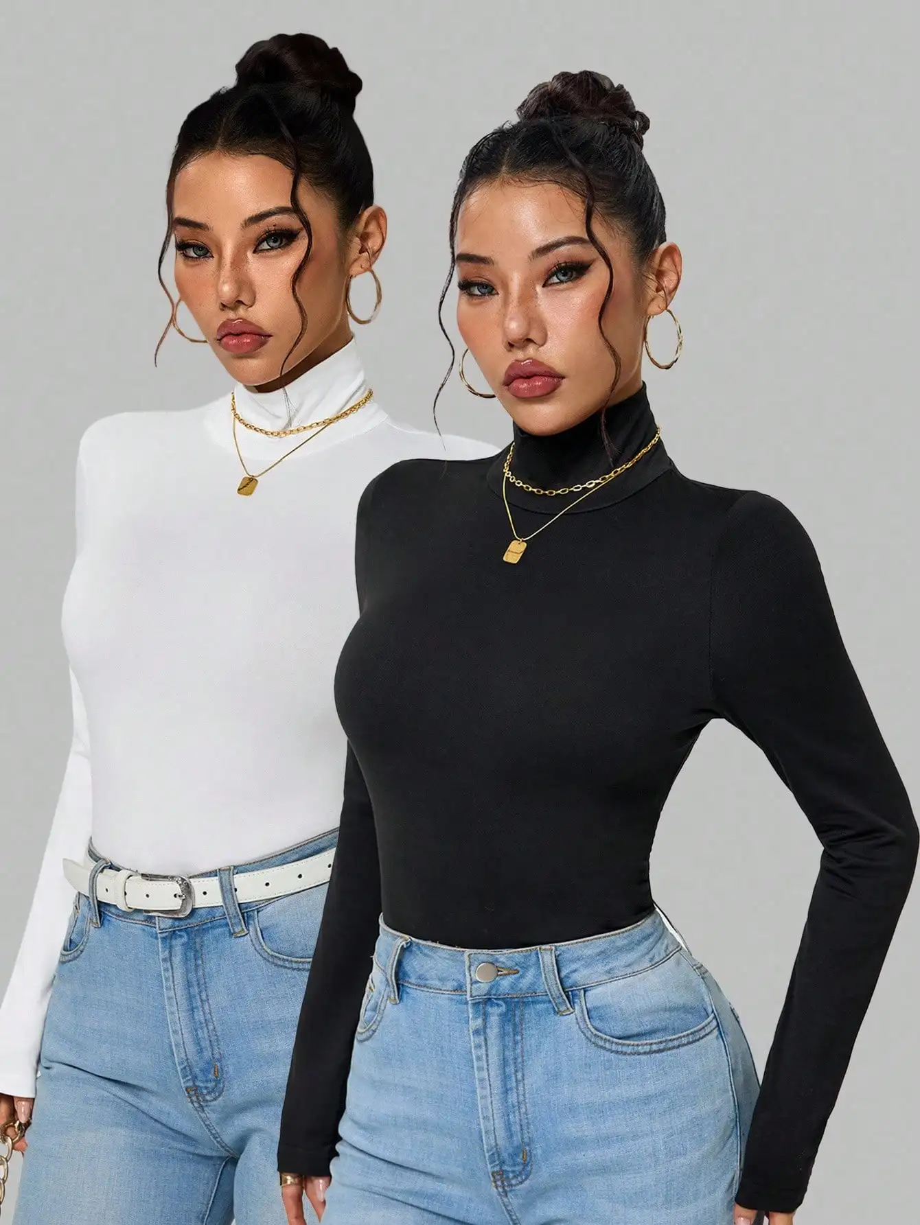 

2pcs Women's Solid High Neck Long Sleeve T-Shirts, Fall Fashion Basic Tops for Casual & Office Wear