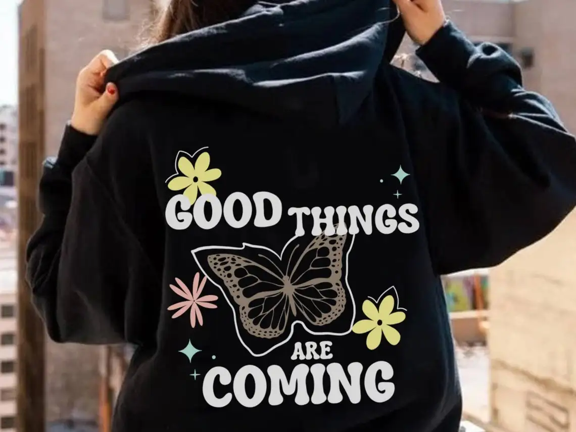 

colored good things are coming Hoody retro Women Long Sleeve inspirational Christian Hoodies Pullovers