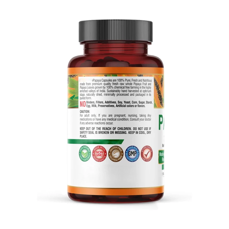 Papaya capsules, single capsules contain the benefits of papaya fruit. Each serving contains 60 vegetable capsules.