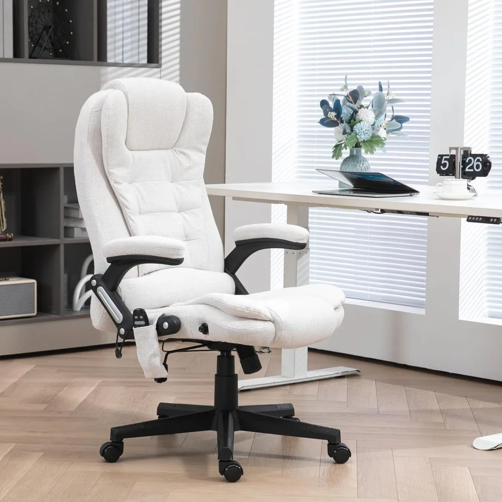 6 Point Vibrating Massage Office Chair with Heat, Linen High Back Executive Office Chair with Reclining Backrest