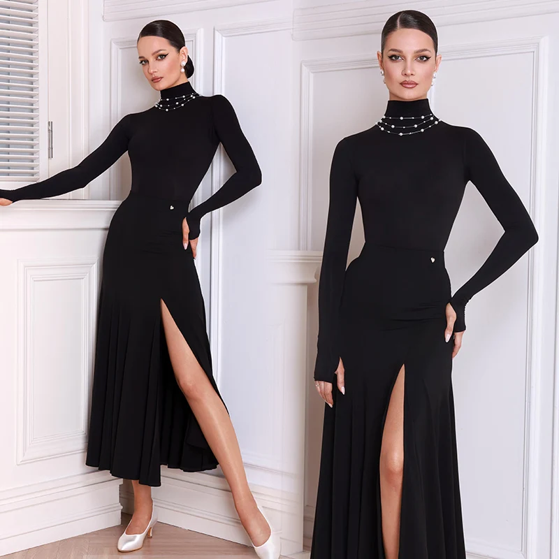 

Black Ballroom Dance Costume Women Standard Modern Dance Training Wear Long Sleeve Dance Top Ballroom Skirt Practice Pants 3090