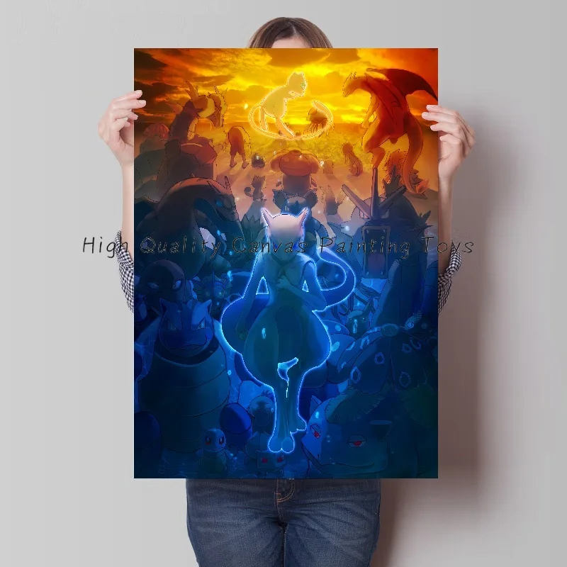 Art Print Fabric Anime Pokemon Mewtwo Mew Mega Evolution Poster Decor Wall Abstract Canvas Painting Modern Room Decor Picture