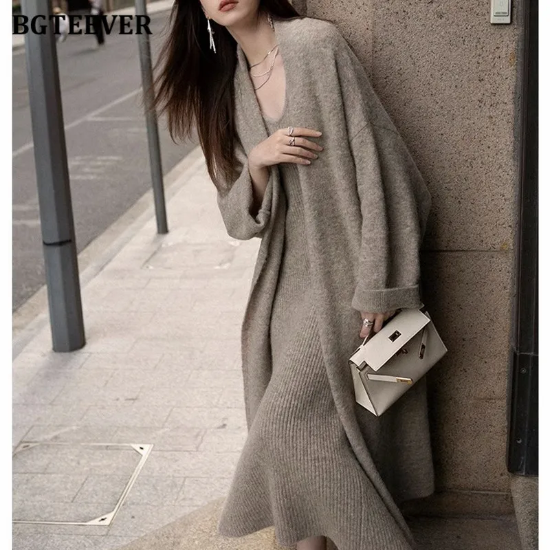 BGTEEVER Autumn Winter Women Knitted Dress Set Long Sleeve Loose Cardigans Sweaters Ladies V-neck Package Hip Dresses