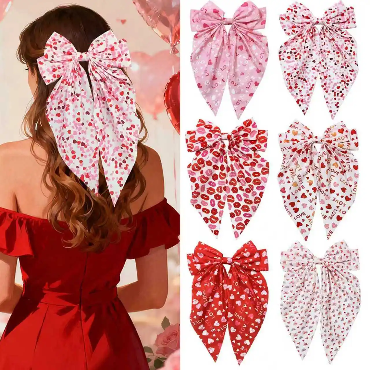 

24PCs Oversized Long Tassel Hair Clips Barrettes Kiss Heart Printed Bow Hair Accessories for Girls Women Kids Valentine's Day
