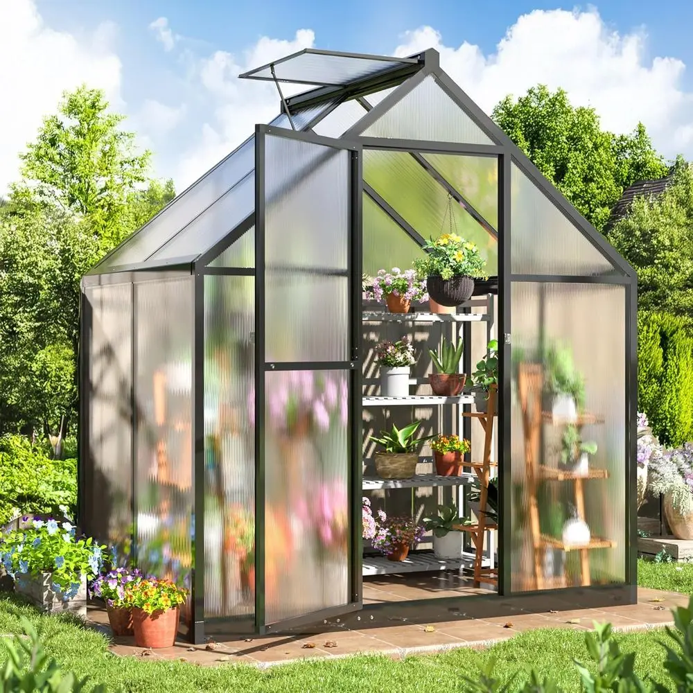Quick-Setup Polycarbonate Greenhouse for Backyard Gardening, Black