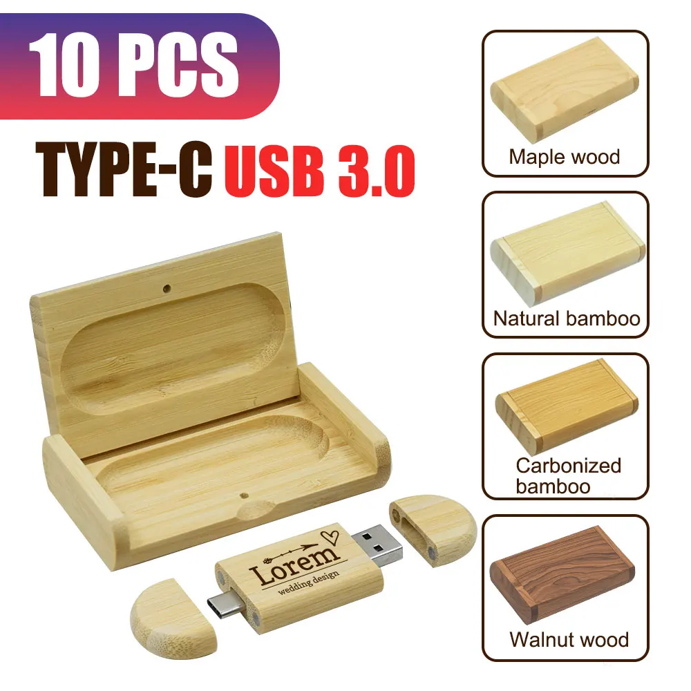 

10PCS/LOT TYPE-C Wooden USB 3.0 Flash Drives 128GB Free Logo Pen Drive Creative Business Gift U Disk 64GB Bamboo Memory Stick