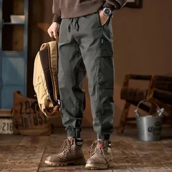 Solid Color Men's Clothing Elastic High Waisted Button Pockets Cargo Bloomers Trousers Vintage England Style Sweatpants Pants