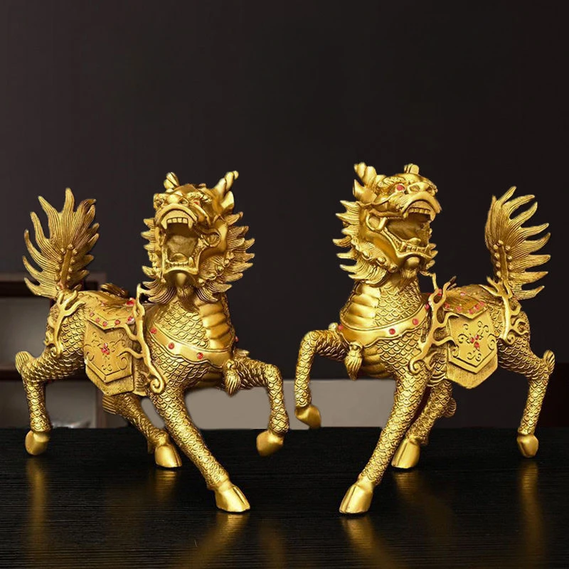 1pairs Copper Unicorn Ornaments Attract Wealth Feng Shui Living Room Store Office Decoration Crafts