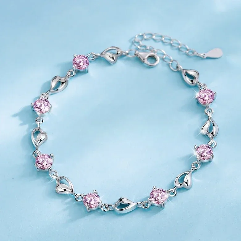 Herzförmiges Armband aus 925er-Sterlingsilber für Damen, Retro-koreanisch, vielseitig, rosa Kristall-Charm-Armbänder, Original-Party-Schmuck