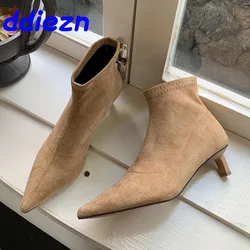 New Fashion Pointed Toe Elastic Ladies Short Modern Boots With Low Heel Shoes Women Ankle Boots Shoes  Female Slip On Footwear